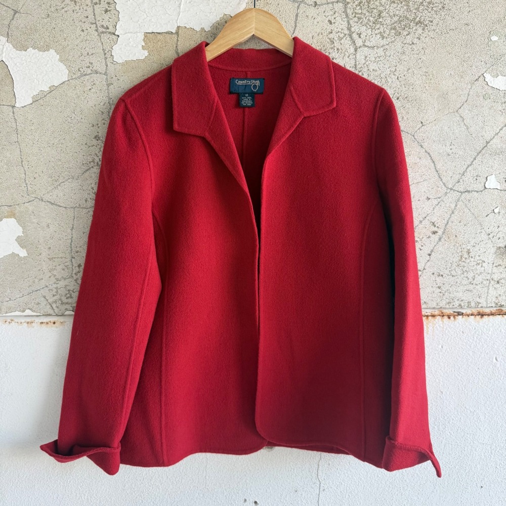 Vintage‎ 100% Wool Blazer Jacket Red Open Front Cardigan Womens 12 Country Shop